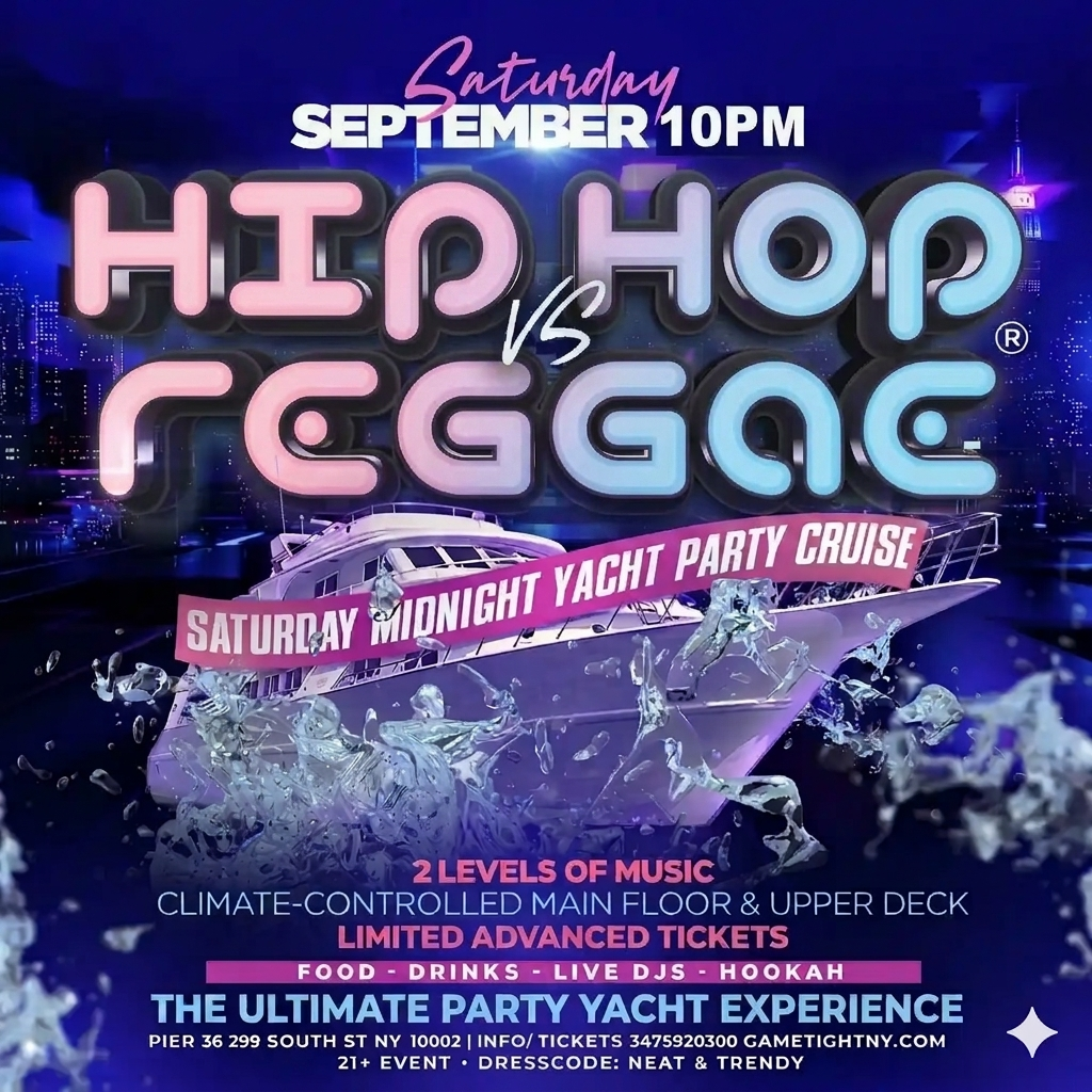NYC HIP HOP VS REGGAE Saturday Midnight Yacht Party Cruise at Pier 36 — event image